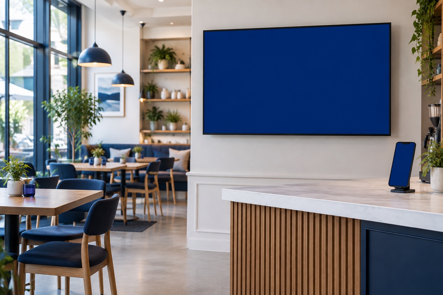 Digital menu board display in a light-filled neighborhood cafe